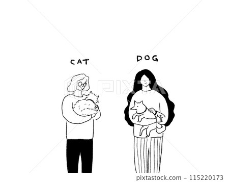 一個戴眼鏡的女人抱著一隻貓,一個長髮的女人抱著一隻狗,畫線 一個戴眼鏡的女人抱著一隻貓,一個長髮的女人抱著一隻狗,畫線 115220173