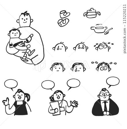 Supporters who support child-rearing Monochrome set of illustration materials Supporters who support child-rearing Monochrome set of illustration materials 115220211