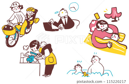 A young couple living while raising a young child Monochrome set illustration material A young couple living while raising a young child Monochrome set illustration material 115220217
