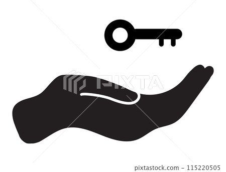 Hand with key icon. Hand with a key sign. Key handover of key care symbol. flat style. Hand with key icon. Hand with a key sign. Key handover of key care symbol. flat style. 115220505