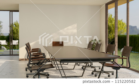 A contemporary meeting room with a meeting table near the window features a view of the garden. 115220582