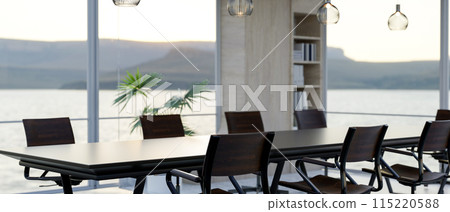 A modern meeting room features a black meeting table and a nature view through the large window. 115220588