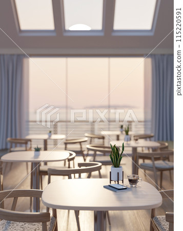 A contemporary, minimalist restaurant or cafe seating area with a large window with a sea view. A contemporary, minimalist restaurant or cafe seating area with a large window with a sea view. 115220591