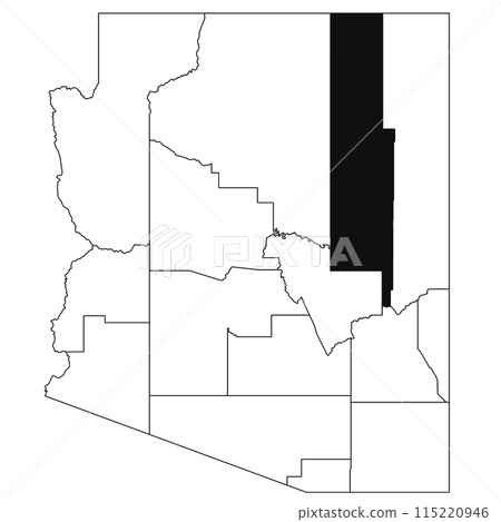 Map of Navajo County in Arizona state on white background. single County map highlighted by black colour on Arizona map. UNITED STATES, US 115220946