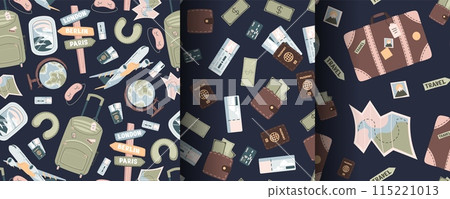 Set of seamless pattern with tourist items. Endless background with luggage, airplane, travel things. Travel around the world, adventure. Great for wallpaper, scrapbooking, fabric 115221013