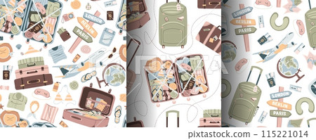 Set of seamless pattern with tourist items, luggage, tickets and plane. Travel time, summer vacation. Endless texture about trip and flight. Flat vector illustration 115221014