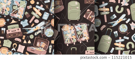 Set of seamless pattern with tourist items, luggage, tickets and plane. Travel time, summer vacation. Endless texture about trip and flight. Flat vector illustration 115221015