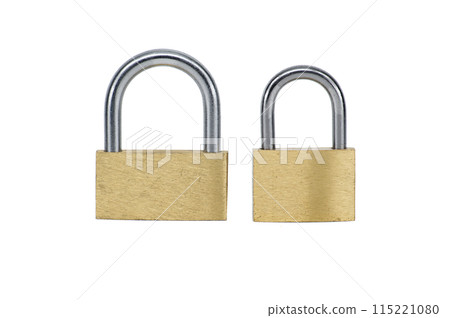 Two shiny gold padlocks isolated on white background Two shiny gold padlocks isolated on white background 115221080