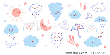 Cloud rain weather cartoon cute set. Cloud, sun, moon weather character with smile and angry face. Hand drawn doodle sketch style. Rainbow, wind, tornado doodle character. Vector 115221089