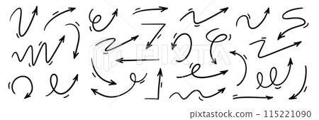 Arrow vector hand drawn sketch icon set. Doodle sketch hand drawn direction element set. Pencil doodle flat line design cartoon elements. Scribble swirl arrow sign. Vector 115221090