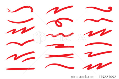 Red squiggle brush scribble underline. Marker pen emphasis highlight red swoosh stroke. Vector swoosh brush underline set for accent, marker emphasis squiggle element. Vector 115221092