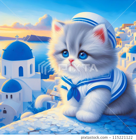 Cute Minuet kitten on a summer trip to Santorini, Greece in a marine look 115221122