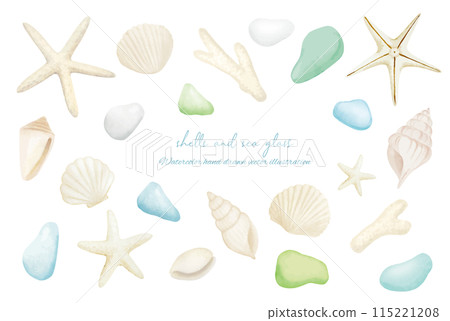Colorful seagrass and white shells watercolor illustration Colorful seagrass and white shells watercolor illustration 115221208