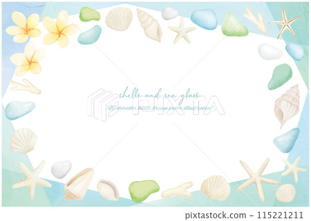 水彩畫的彩色海草和白色貝殼框架 115221211