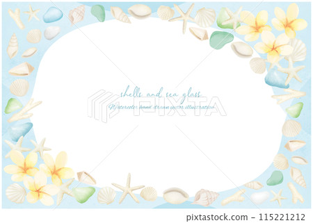水彩畫的彩色海草和白色貝殼框架 115221212