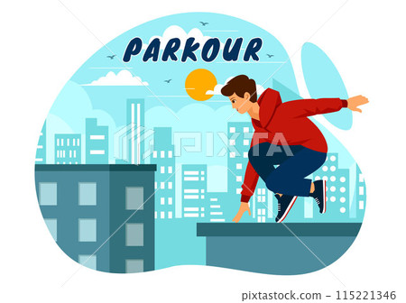 Parkour Sports Vector Illustration featuring Young Men Jumping Over Walls and Barriers in City Street and Building in a Flat Style Cartoon Background 115221346