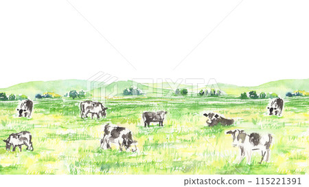 寧靜的草地和乳牛的水彩風景插圖 寧靜的草地和乳牛的水彩風景插圖 115221391