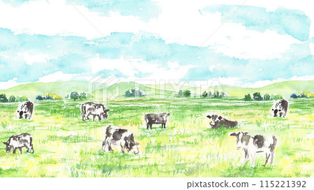 Watercolor landscape illustration of a peaceful pasture and cows 115221392