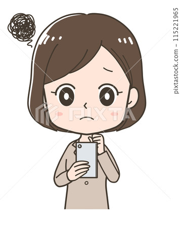 一位女商人在操作智慧型手機時遇到麻煩的上半身插圖 一位女商人在操作智慧型手機時遇到麻煩的上半身插圖 115221965