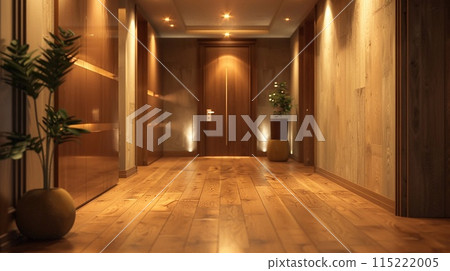 Cozy empty hall with earth-toned walls, subtle lighting, and a peaceful atmosphere 115222005