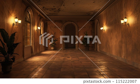 Cozy empty hall with earth-toned walls, subtle lighting, and a peaceful atmosphere 115222007
