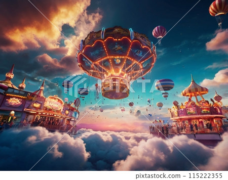 漂浮在天空中的氣球和遊樂園 漂浮在天空中的氣球和遊樂園 115222355