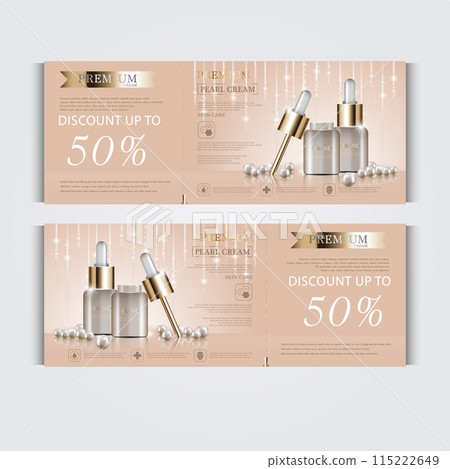 Gift voucher hydrating facial cream for annual sale or festival sale. gold cream mask bottle isolated on glitter particles background. Banner graceful cosmetic ads, illustration. Gift voucher hydrating facial cream for annual sale or festival sale. gold cream mask bottle isolated on glitter particles background. Banner graceful cosmetic ads, illustration. 115222649