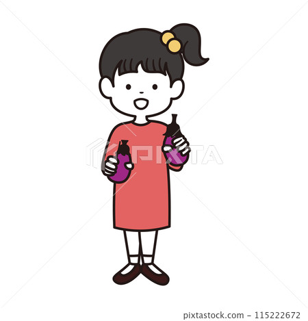 A full-body color illustration of an elementary school girl wearing a pink dress holding an organic eggplant 115222672