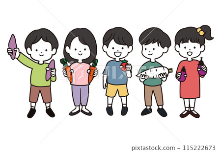 拿著番茄、黃瓜、茄子、玉米、蘿蔔和地瓜的男孩和女孩插畫素材集 115222673