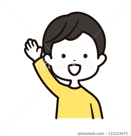 Smiling boy raising his hand, upper body icon illustration Smiling boy raising his hand, upper body icon illustration 115222675