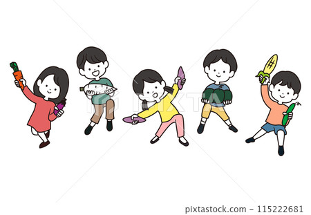 Illustration set of boys and girls jumping holding pumpkins, eggplants, radishes, sweet potatoes, and carrots 115222681