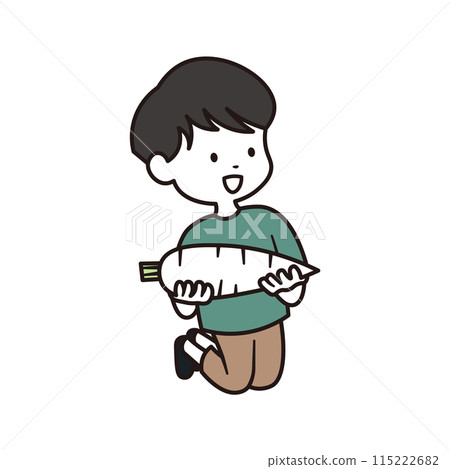 Illustration of an elementary school boy jumping while holding a radish in both hands 115222682