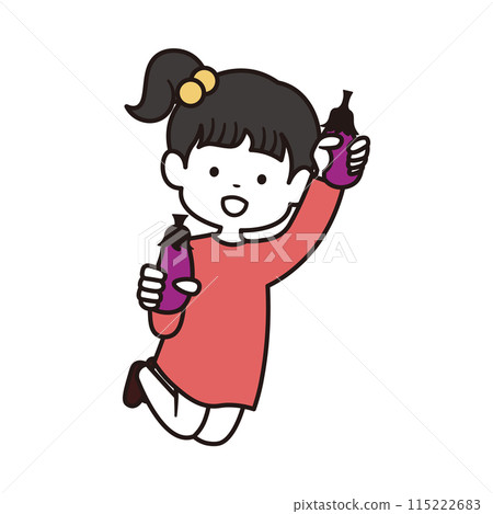 Illustration of an elementary school girl with a ponytail holding an eggplant jumping Illustration of an elementary school girl with a ponytail holding an eggplant jumping 115222683