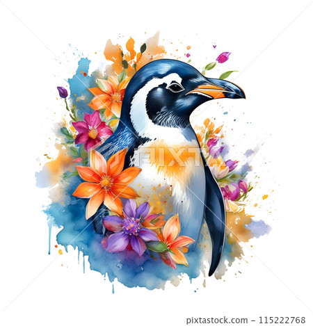 Penguin with flowers on clean background. Birds. Wildlife Animals. 115222768