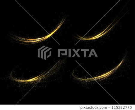 Isolated abstract arcs with gold shiny tinsel on a black background 115222770