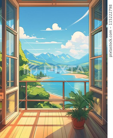 從陽光明媚的避暑勝地的窗戶看到的湖泊和遠山的人工智慧生成圖像 115222798