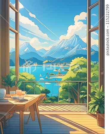 A lake and distant mountains seen from the window of a room with breakfast on a sunny summer day at a summer resort. AI-generated image 115222799