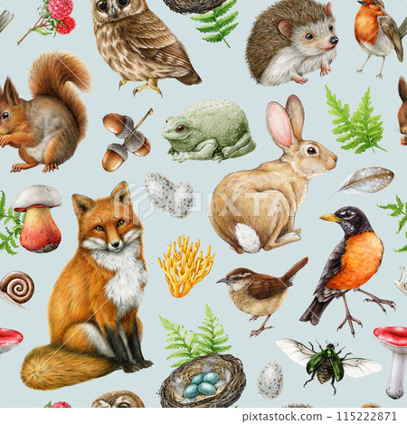 Forest animals with natural elements seamless pattern. Vintage style watercolor illustration. Hand drawn fox, squirrel, hedgehog, robin, owl, mushrooms, fern seamless pattern 115222871