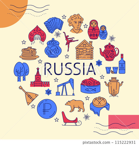 Round poster with Russian traditional symbols Round poster with Russian traditional symbols 115222931