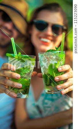Young people on vacation drinking a refreshing Mojito, summer vacation 115223090