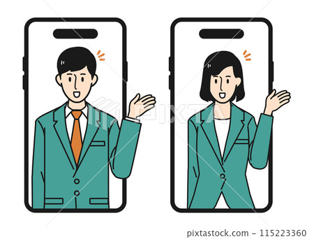 圖:一男一女在智慧型手機螢幕的引導下穿著西裝 圖:一男一女在智慧型手機螢幕的引導下穿著西裝 115223360