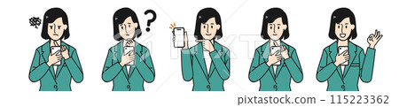 A woman holding a smartphone and posing in a series of steps: malfunction, question, suggestion, operation, and solution A woman holding a smartphone and posing in a series of steps: malfunction, question, suggestion, operation, and solution 115223362