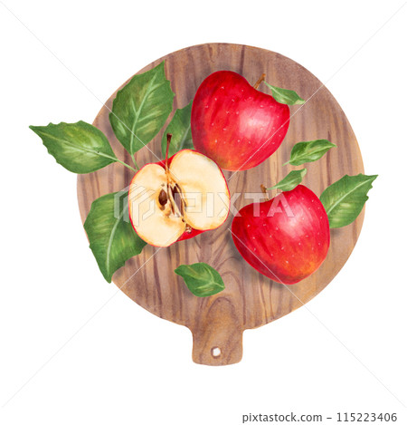 Red apples lie on a wooden round cutting board.Healthy whole and slices of fruit with leaves and kitchen utensil.Watercolor illustration.Hand drawn isolated clipart. For packaging cream, jam, juice. Red apples lie on a wooden round cutting board.Healthy whole and slices of fruit with leaves and kitchen utensil.Watercolor illustration.Hand drawn isolated clipart. For packaging cream, jam, juice. 115223406