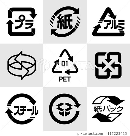 Japanese recycling Icon Set- Plastic, Paper, Aluminium, Recycle (3D), Recycle 01 PET, Recycle (Square), Steel, Cardboard and Carton. Japanese recycling symbols for cardboard box packaging. 115223413