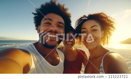 Happy smiling African American young people taking selfie against sea background, beach holiday with friends Happy smiling African American young people taking selfie against sea background, beach holiday with friends 115223721