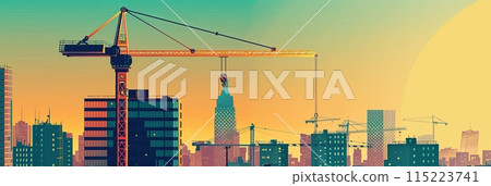 Illustration of a modern construction crane, hoisting, towering and efficient amidst bustling cityscape, modern urban construction, banner Illustration of a modern construction crane, hoisting, towering and efficient amidst bustling cityscape, modern urban construction, banner 115223741