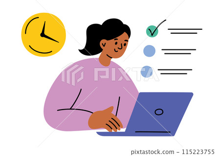 Vector illustration of a student taking a timed test on a laptop. Flat cartoon style. Online education and study on deadlines and timers. Digital exam setting in school or university. Remote learning 115223755