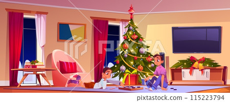 Two teens play chess in living room on Christmas 115223794