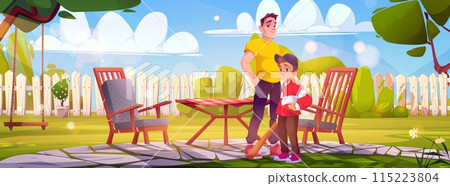 Father and son with baseball bit stand on backyard Father and son with baseball bit stand on backyard 115223804