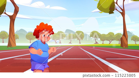 Kid boy jogging on running track of stadium Kid boy jogging on running track of stadium 115223805